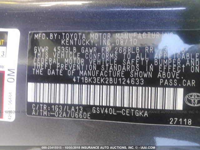 4T1BK3EK2BU124633 - 2011 TOYOTA CAMRY SE/LE/XLE GRAY photo 9
