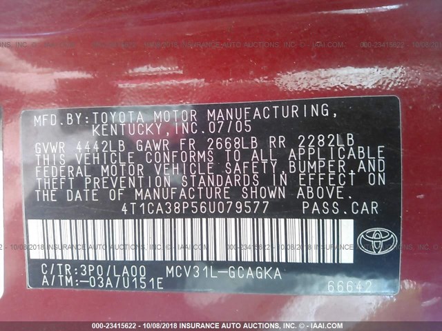 4T1CA38P56U079577 - 2006 TOYOTA CAMRY SOLARA SE/SLE Qırmızı foto 9