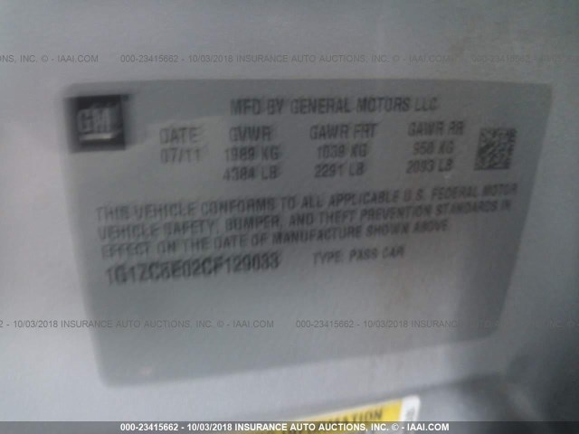 1G1ZC5E02CF129033 - 2012 CHEVROLET MALIBU 1LT SILVER photo 9