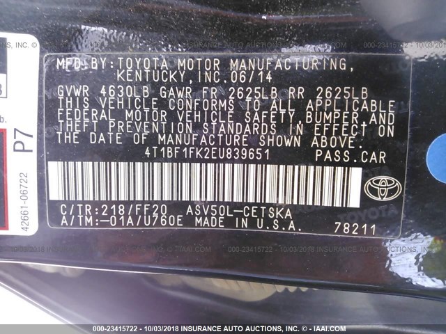 4T1BF1FK2EU839651 - 2014 TOYOTA CAMRY L/SE/LE/XLE შავი ფოტო 9