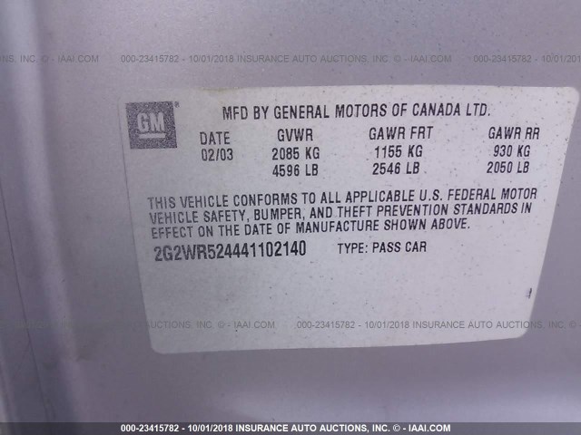 2G2WR524441102140 - 2004 PONTIAC GRAND PRIX GTP ვერცხლისფერი ფოტო 9