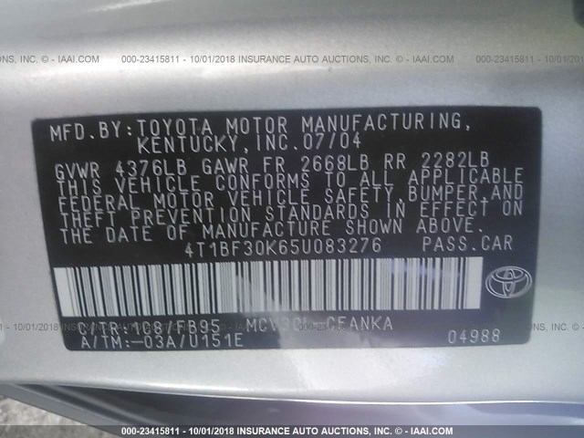 4T1BF30K65U083276 - 2005 TOYOTA CAMRY LE/XLE/SE SILVER photo 9