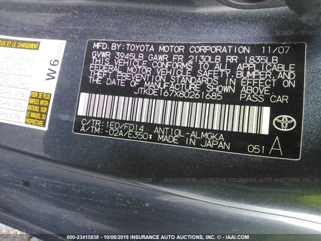 JTKDE167X80261685 - 2008 TOYOTA SCION TC 灰色 照片 9