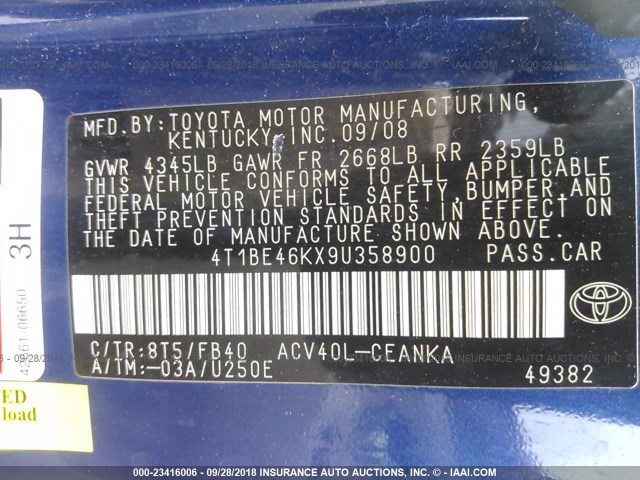 4T1BE46KX9U358900 - 2009 TOYOTA CAMRY SE/LE/XLE 蓝色 照片 9