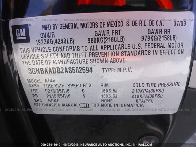 3GNBAADB2AS502694 - 2010 CHEVROLET HHR LS Negro foto 9