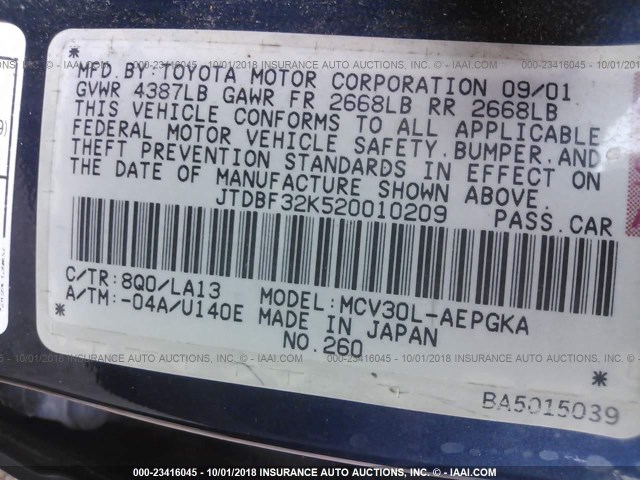 JTDBF32K520010209 - 2002 TOYOTA CAMRY LE/XLE/SE Mavi foto 9