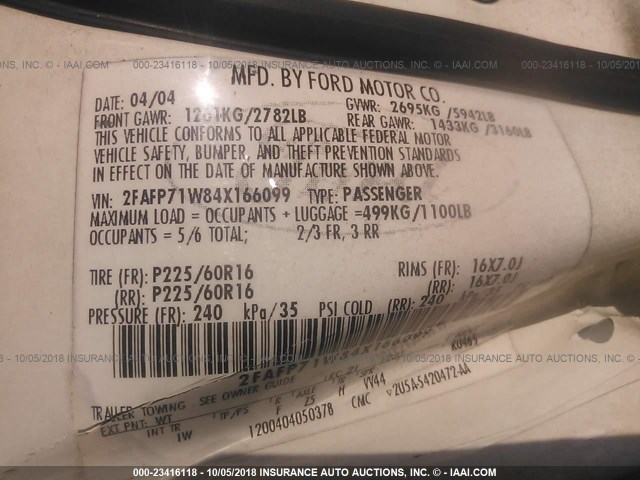 2FAFP71W84X166099 - 2004 FORD CROWN VICTORIA POLICE INTERCEPTOR 白色 照片 9