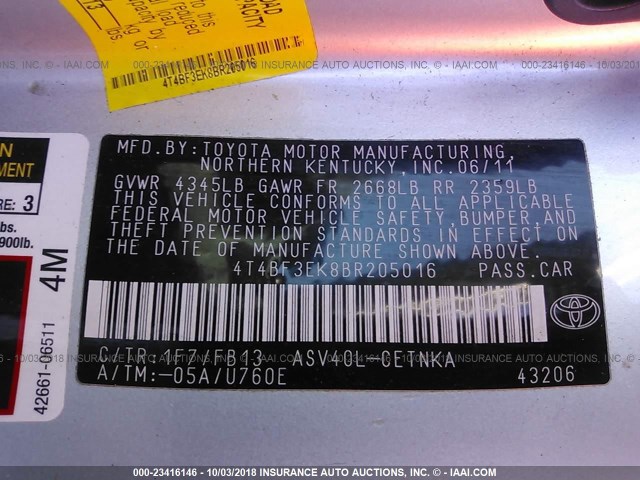 4T4BF3EK8BR205016 - 2011 TOYOTA CAMRY SE/LE/XLE SILVER photo 9