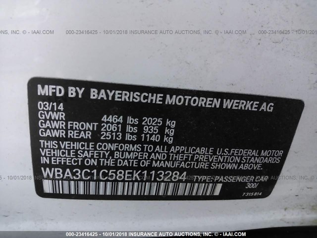 WBA3C1C58EK113284 - 2014 BMW 328 I SULEV WHITE photo 9