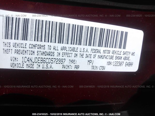 1C4NJDEB6CD572997 - 2012 JEEP COMPASS LATITUDE 红色 照片 9