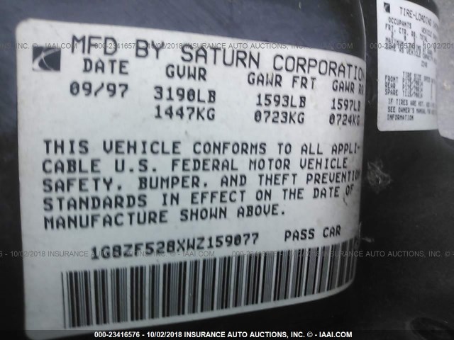 1G8ZF528XWZ159077 - 1998 SATURN SL GRAY photo 9