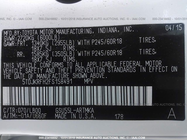 5TDJKRFH2FS158491 - 2015 TOYOTA HIGHLANDER XLE თეთრი ფოტო 9