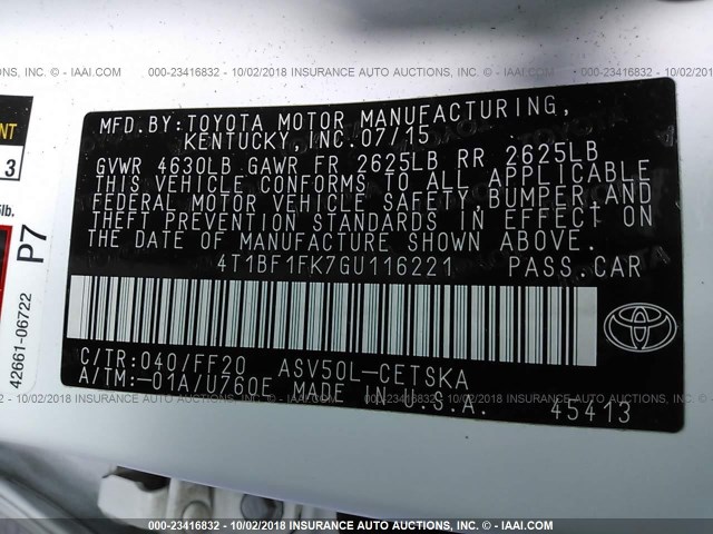 4T1BF1FK7GU116221 - 2016 TOYOTA CAMRY LE/XLE/SE/XSE WHITE photo 9