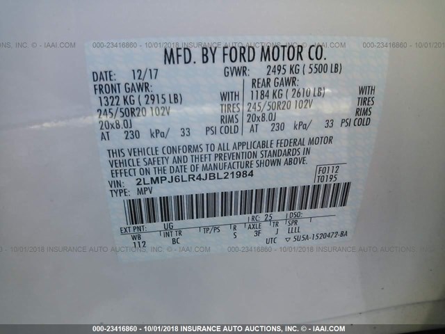 2LMPJ6LR4JBL21984 - 2018 LINCOLN MKX RESERVE Սպիտակ լուսանկար 9