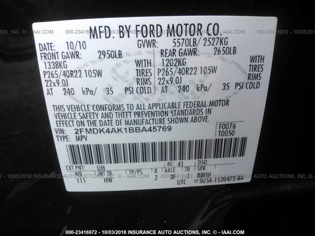 2FMDK4AK1BBA45769 - 2011 FORD EDGE SPORT BLACK photo 9