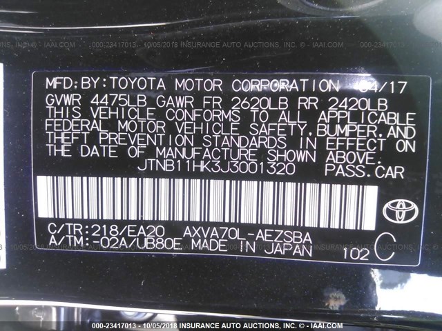 JTNB11HK3J3001320 - 2018 TOYOTA CAMRY L/LE/XLE/SE/XSE BLACK photo 9