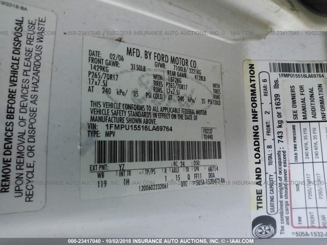 1FMPU15516LA69764 - 2006 FORD EXPEDITION XLT WHITE photo 9