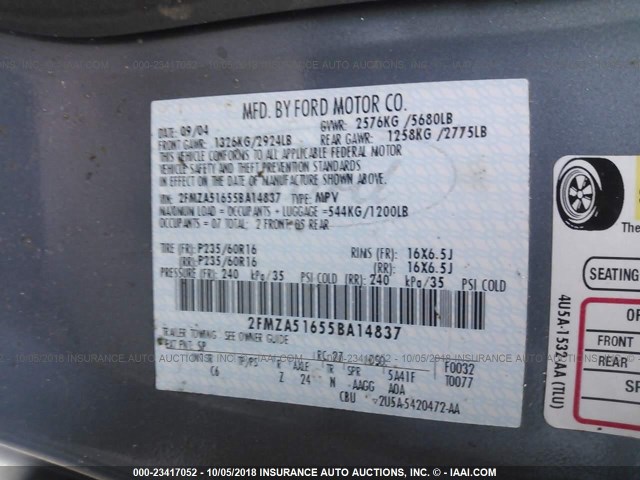 2FMZA51655BA14837 - 2005 FORD FREESTAR SE BLUE photo 9