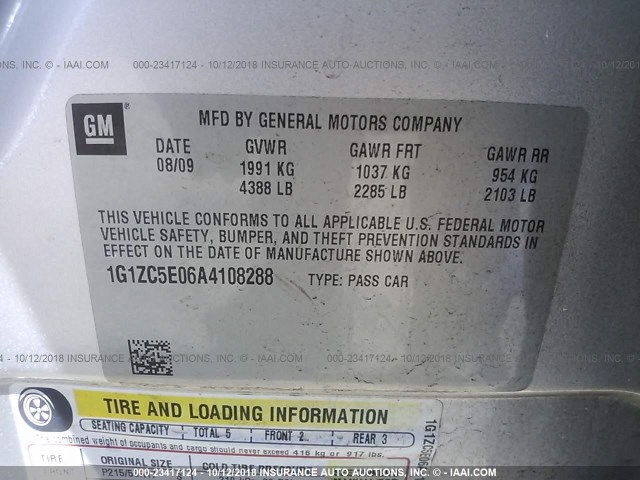 1G1ZC5E06A4108288 - 2010 CHEVROLET MALIBU 1LT SILVER photo 9