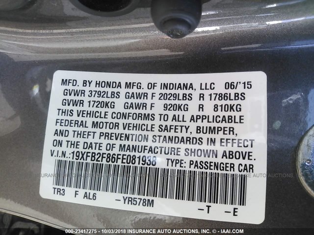 19XFB2F86FE081938 - 2015 HONDA CIVIC EX TAN photo 9