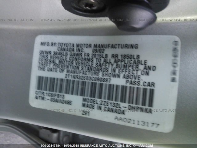 2T1KR32E03C090897 - 2003 TOYOTA COROLLA MATRIX XR SILVER photo 9