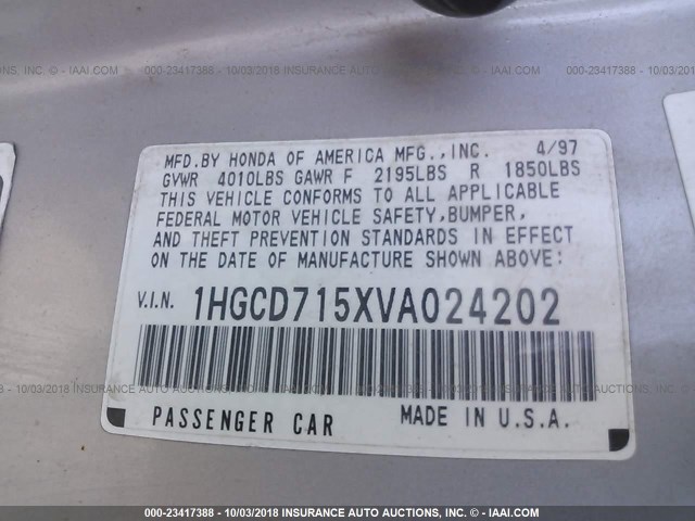 1HGCD715XVA024202 - 1997 HONDA ACCORD EX SILVER photo 9