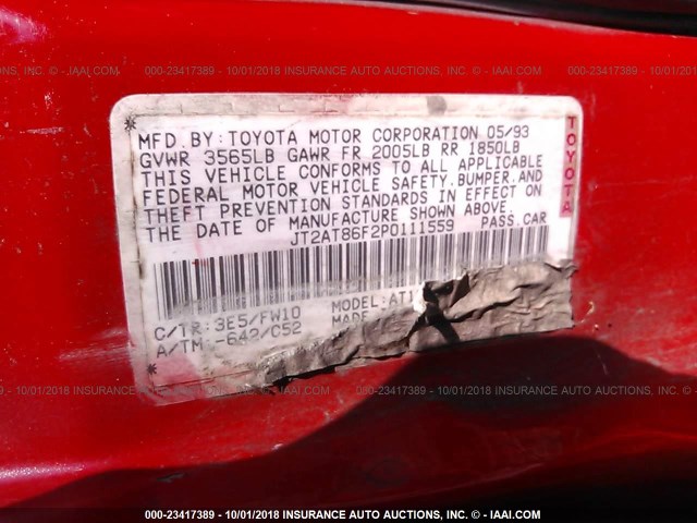 JT2AT86F2P0111559 - 1993 TOYOTA CELICA ST RED photo 9