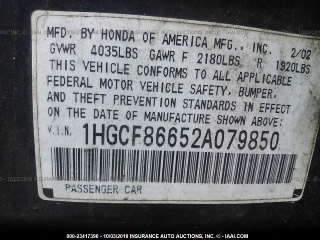 1HGCF86652A079850 - 2002 HONDA ACCORD VALUE BLUE photo 9