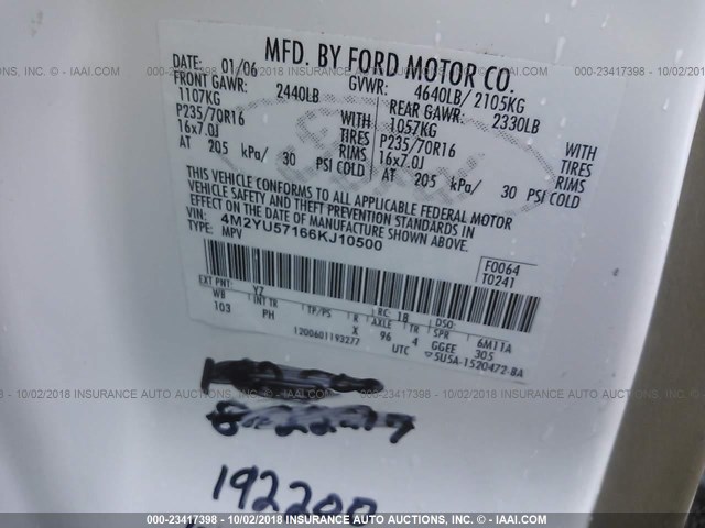 4M2YU57166KJ10500 - 2006 MERCURY MARINER WHITE photo 9