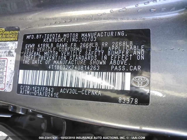 4T1BE32K74U814263 - 2004 TOYOTA CAMRY LE/XLE/SE 锡色 照片 9