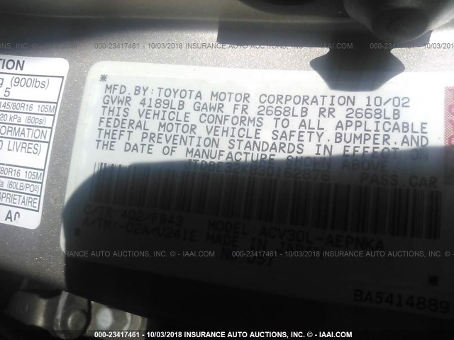 JTDBE32K830162876 - 2003 TOYOTA CAMRY LE/XLE GRAY photo 9