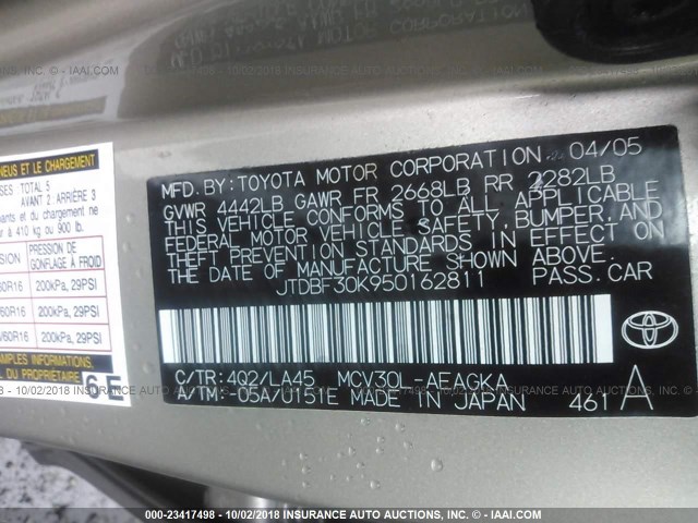 JTDBF30K950162811 - 2005 TOYOTA CAMRY LE/XLE/SE Алтын фото 9