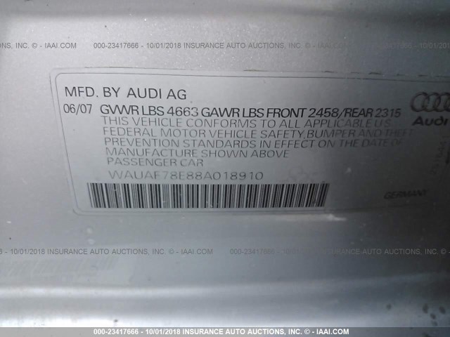 WAUAF78E88A018910 - 2008 AUDI A4 2.0T SILVER photo 9