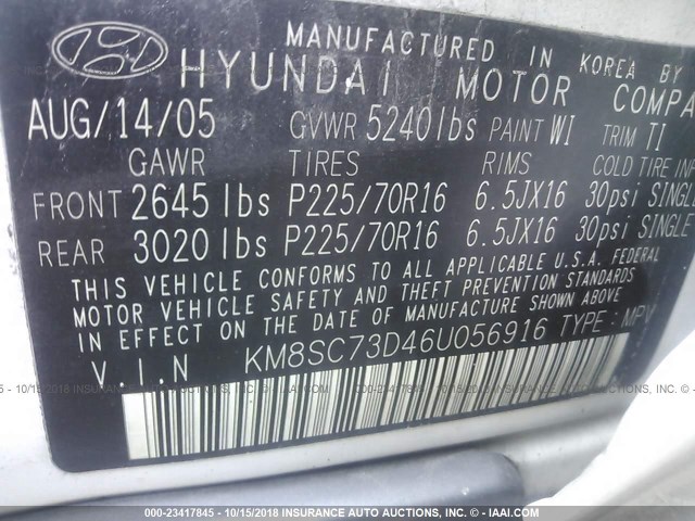 KM8SC73D46U056916 - 2006 HYUNDAI SANTA FE GLS/LIMITED WHITE photo 9