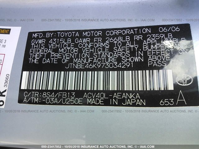 JTNBE46K973034291 - 2007 TOYOTA CAMRY NEW GENERAT CE/LE/XLE/SE Light Blue photo 9