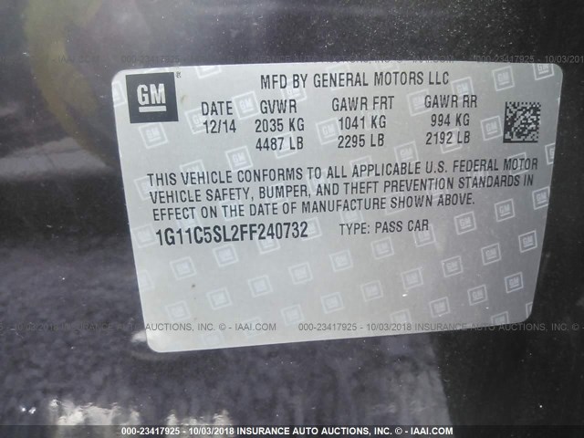 1G11C5SL2FF240732 - 2015 CHEVROLET MALIBU 1LT PURPLE photo 9