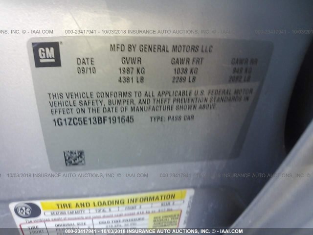 1G1ZC5E13BF191645 - 2011 CHEVROLET MALIBU 1LT SILVER photo 9