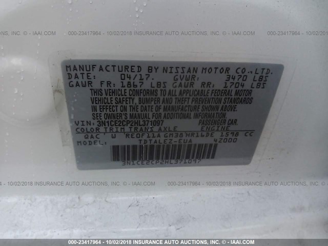 3N1CE2CP2HL371097 - 2017 NISSAN VERSA NOTE S/S PLUS/SV/SL/SR WHITE photo 9