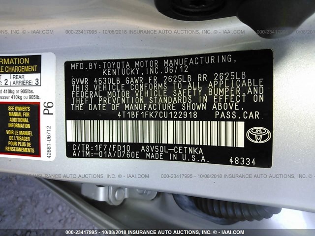 4T1BF1FK7CU122918 - 2012 TOYOTA CAMRY SE/LE/XLE 银色 照片 9