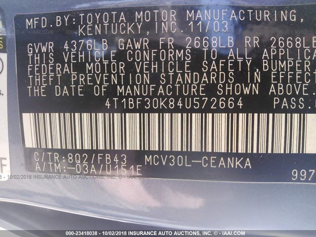4T1BF30K84U572664 - 2004 TOYOTA CAMRY LE/XLE/SE 浅蓝色 照片 9