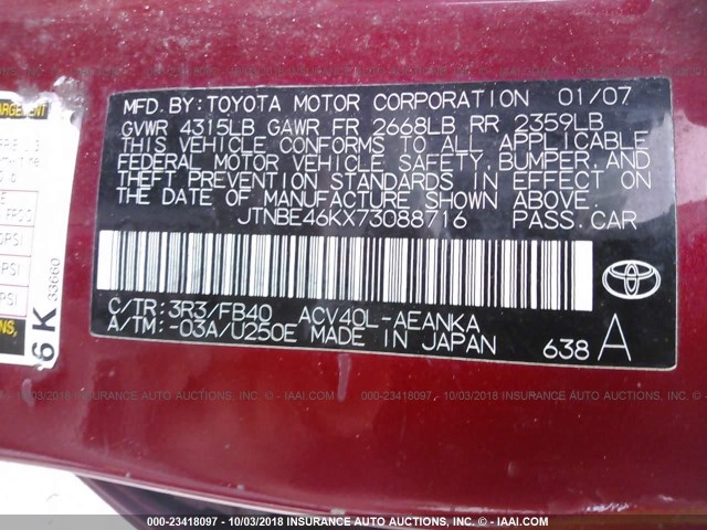 JTNBE46KX73088716 - 2007 TOYOTA CAMRY NEW GENERAT CE/LE/XLE/SE RED photo 9