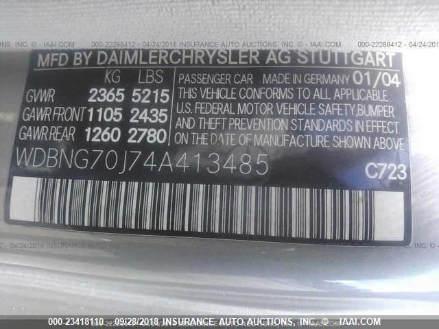WDBNG70J74A413485 - 2004 MERCEDES-BENZ S 430 SILVER photo 9