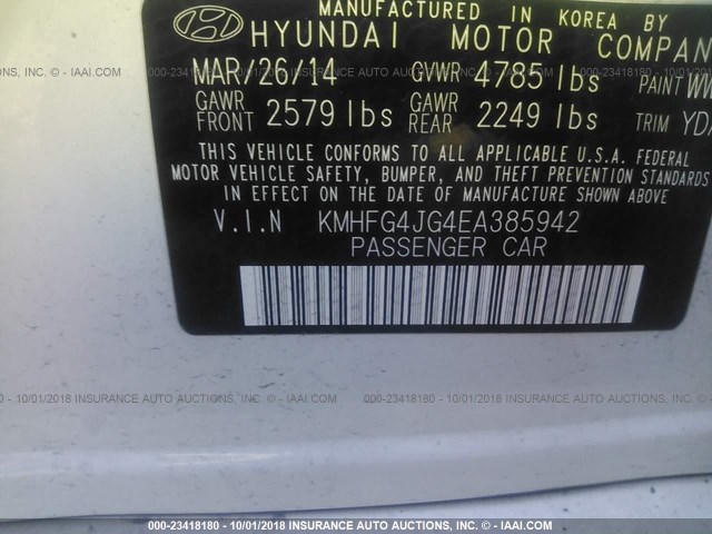 KMHFG4JG4EA385942 - 2014 HYUNDAI AZERA WHITE photo 9