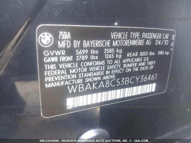 WBAKA8C53BCY36461 - 2011 BMW 750 I BLUE photo 9