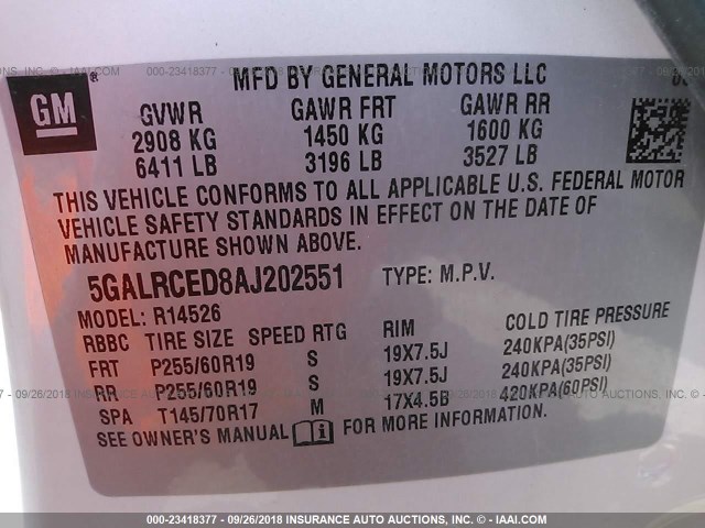 5GALRCED8AJ202551 - 2010 BUICK ENCLAVE CXL 白色 照片 9