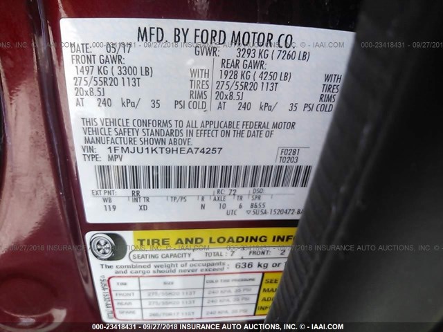 1FMJU1KT9HEA74257 - 2017 FORD EXPEDITION LIMITED MAROON photo 9