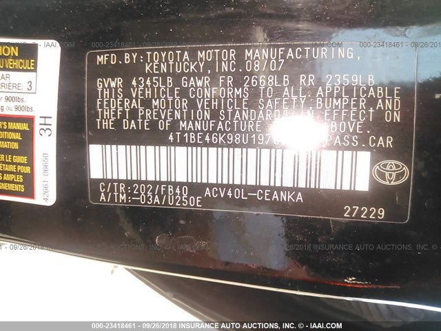 4T1BE46K98U197034 - 2008 TOYOTA CAMRY CE/LE/XLE/SE BLACK photo 9