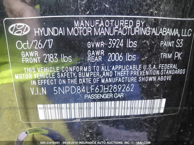 5NPD84LF6JH289262 - 2018 HYUNDAI ELANTRA SEL/VALUE/LIMITED BLACK photo 9