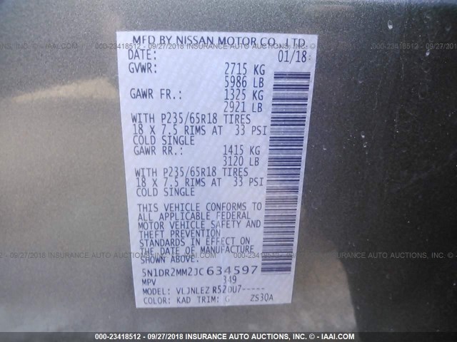 5N1DR2MM2JC634597 - 2018 NISSAN PATHFINDER S/SV/SL/PLATINUM GRAY photo 9