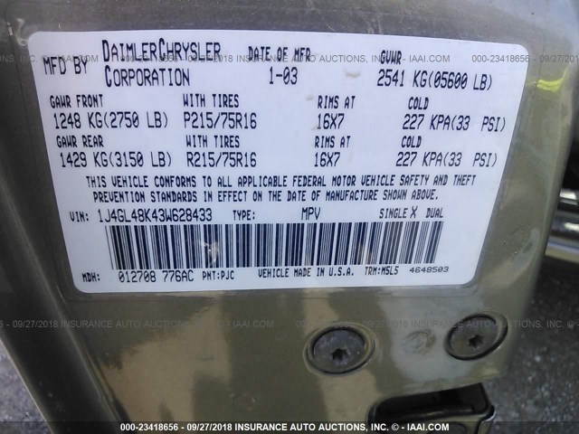 1J4GL48K43W628433 - 2003 JEEP LIBERTY SPORT/FREEDOM მუქი ყავისფერი ფოტო 9